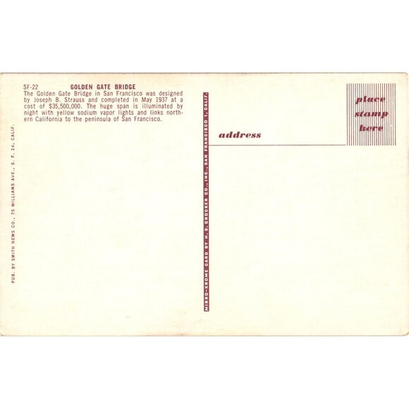 Golden Gate Bridge Vintage Postcard By Smith News Co Mirro Krome H S Crocker - Picture 2 of 2